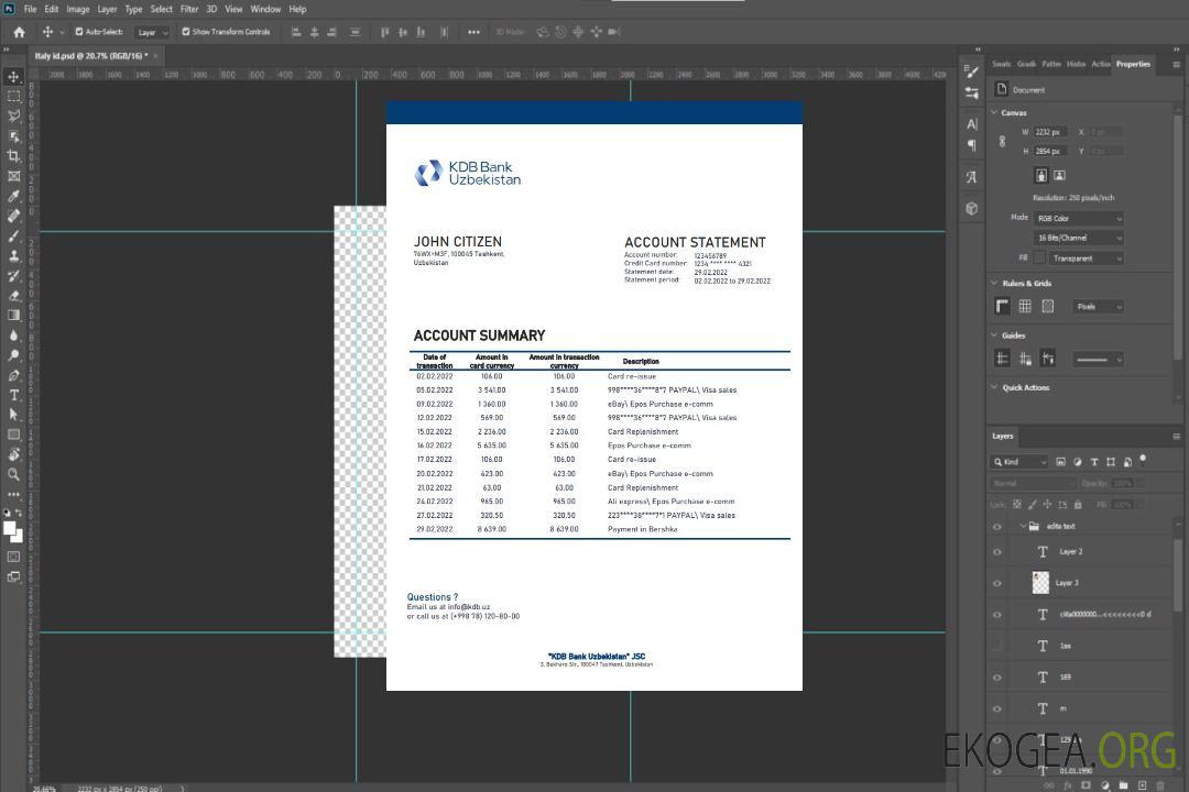 Relevé bancaire de la KDB d'Ouzbékistan template Relevé bancaire de la KDB d'Ouzbékistan template